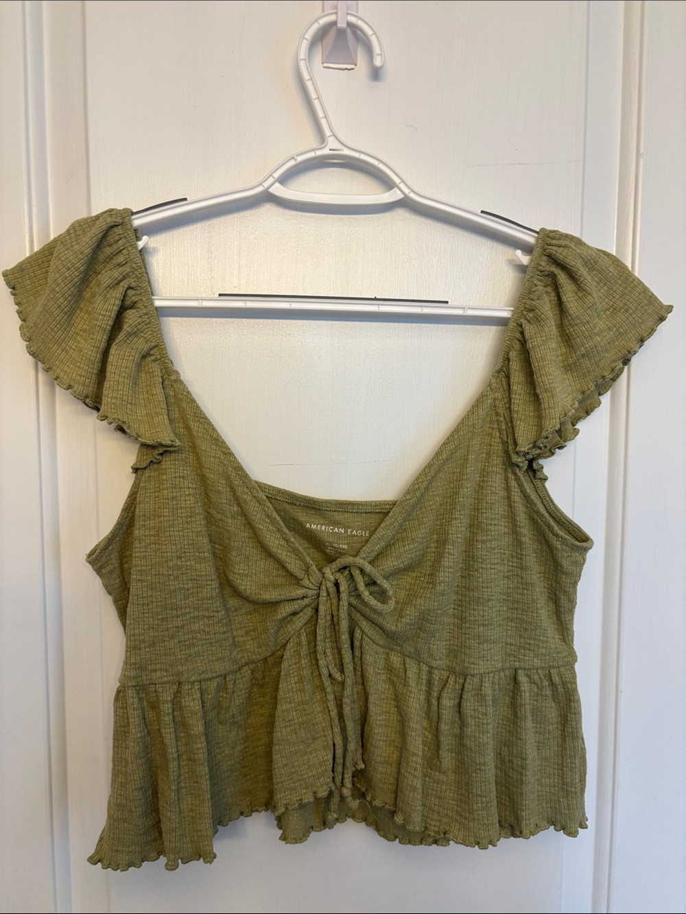 American Eagle Outfitters Olive Green Ruffle Tie-Front Crop Top